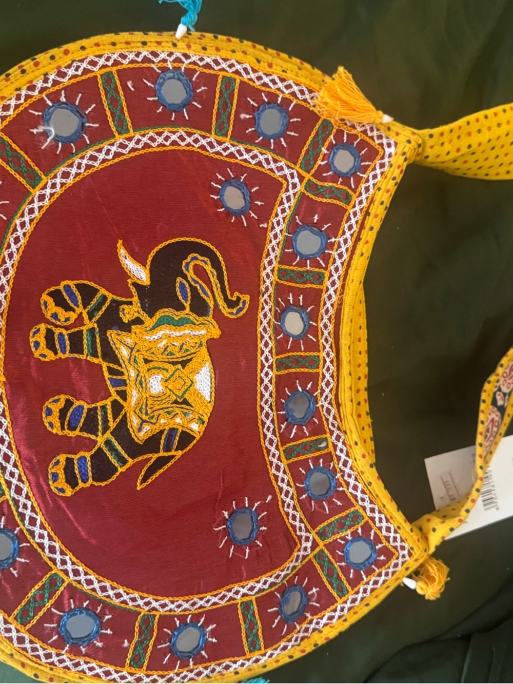 Hand-Embroidered Elephant Crossbody Bag in Maroon & Yellow